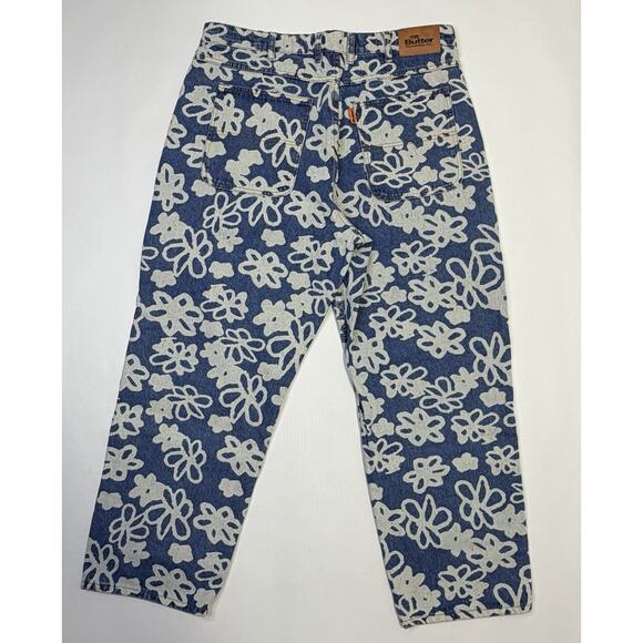 Butter Goods Baggy Jeans Mens 36 Blue White Floral Print Denim Pants Streetwear - Picture 2 of 16